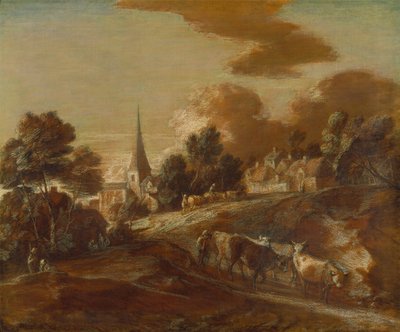 飼い主と牛がいる架空の樹木が茂った村 作： Thomas Gainsborough